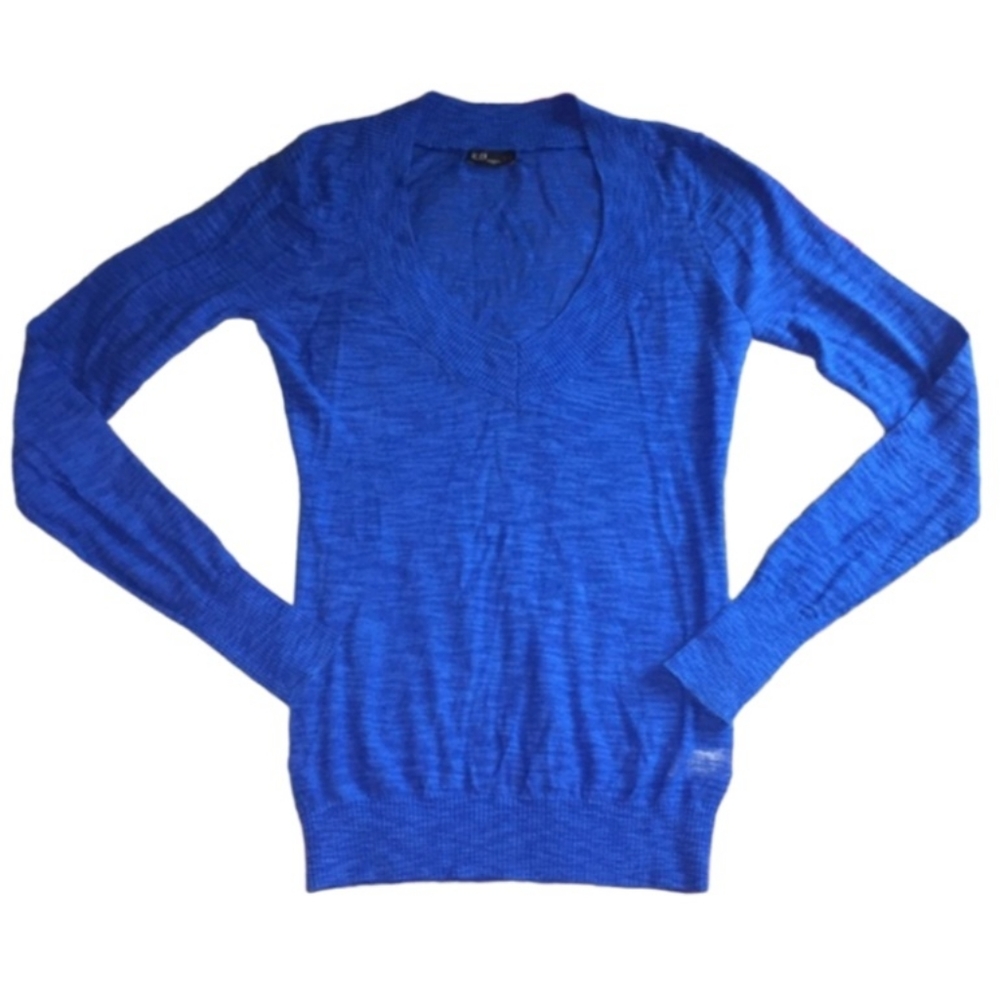 EXPRESS Royal Sapphire Blue Long Sleeve Knit V Neck Sweater Top Womens Size XS - Picture 2 of 5